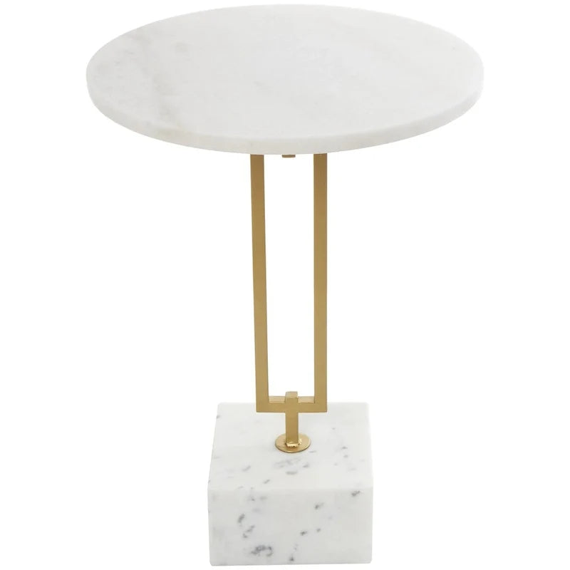 Tavolino d'appoggio/laterale geometrico in marmo con base rettangolare in metallo dorato - Bianco