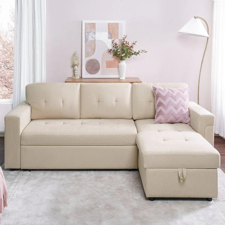 Divano sezionale reversibile con letto estraibile, chaise longue con contenitore nascosto, gambe durevoli,