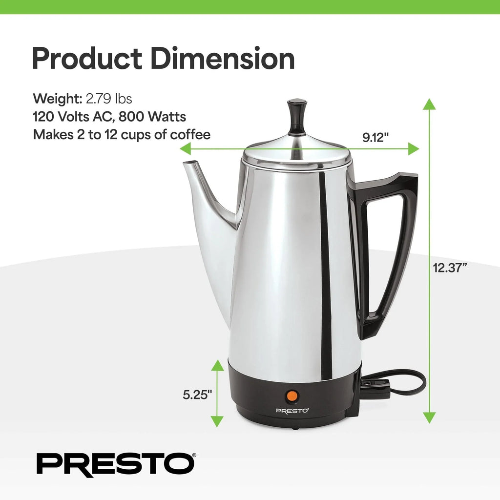 Caffettiera in acciaio inox Presto, percolatore robusto da 12 tazze, colore argento - 2.79