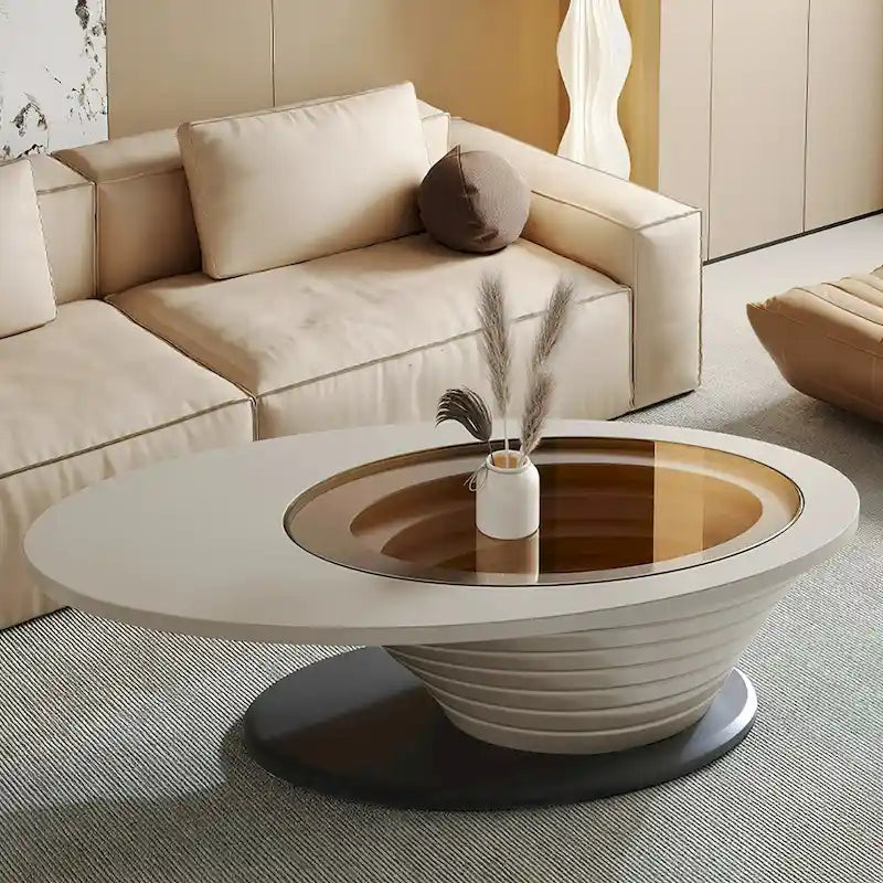 Tavolino da caffè ovale con piano in vetro, base grigia, stile moderno minimalista lussuoso e leggero, 130 cm - L 130 cm L 65 cm A 36,5 cm