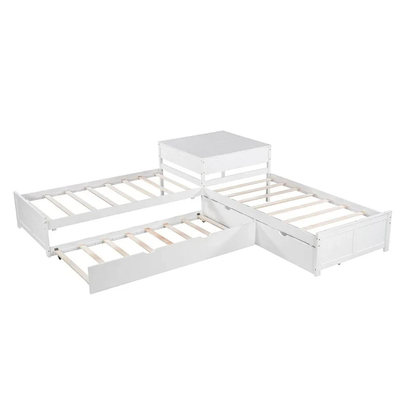 Letto a piattaforma a L moderno bianco per cameretta, dimensioni singole, con letto estraibile e cassetti