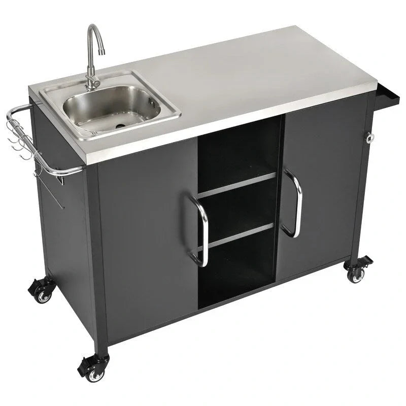 Isola cucina da esterno con lavello, Lavello portatile da esterno con 4 ruote bloccabili