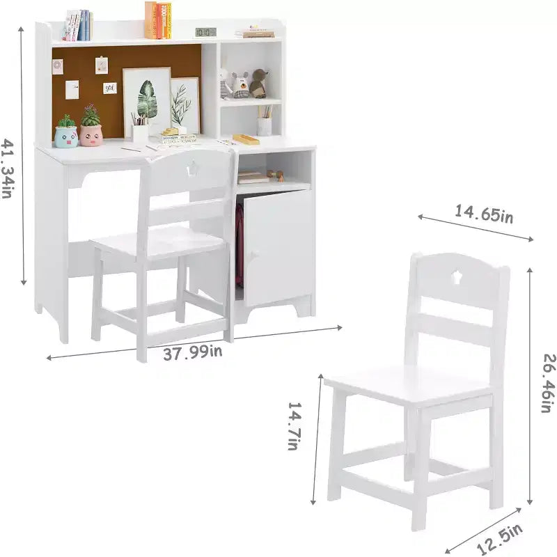 Set scrivania e sedia per bambini, scrivania studio in legno con libreria, mobiletto, scrivania-postazione computer per camera da letto e studio dei bambini, bianco