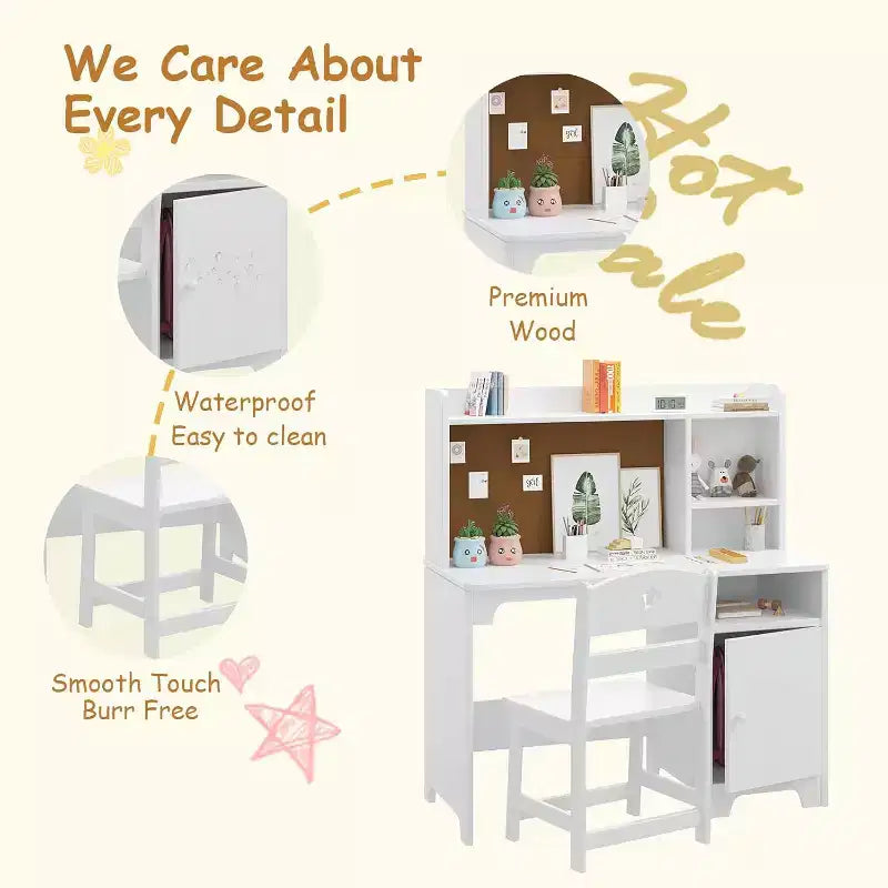 Set scrivania e sedia per bambini, scrivania studio in legno con libreria, mobiletto, scrivania-postazione computer per camera da letto e studio dei bambini, bianco