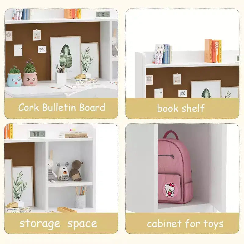 Set scrivania e sedia per bambini, scrivania studio in legno con libreria, mobiletto, scrivania-postazione computer per camera da letto e studio dei bambini, bianco