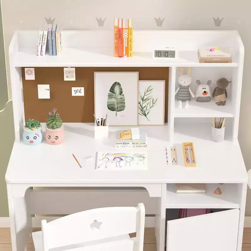 Set scrivania e sedia per bambini, scrivania studio in legno con libreria, mobiletto, scrivania-postazione computer per camera da letto e studio dei bambini, bianco