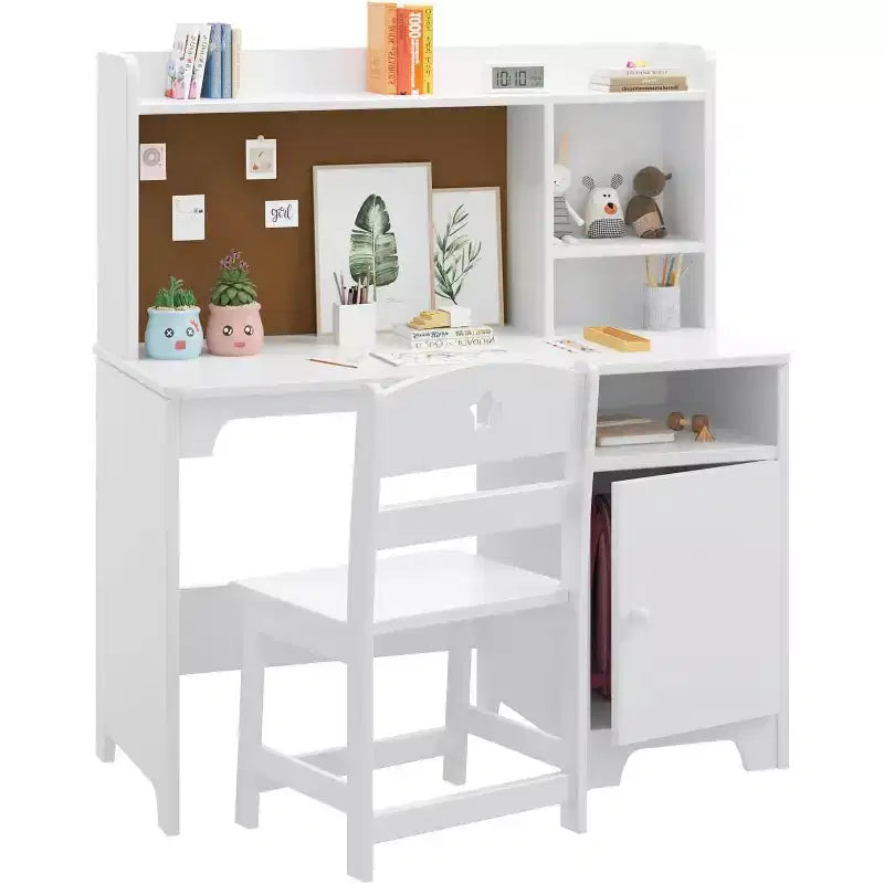 Set scrivania e sedia per bambini, scrivania studio in legno con libreria, mobiletto, scrivania-postazione computer per camera da letto e studio dei bambini, bianco