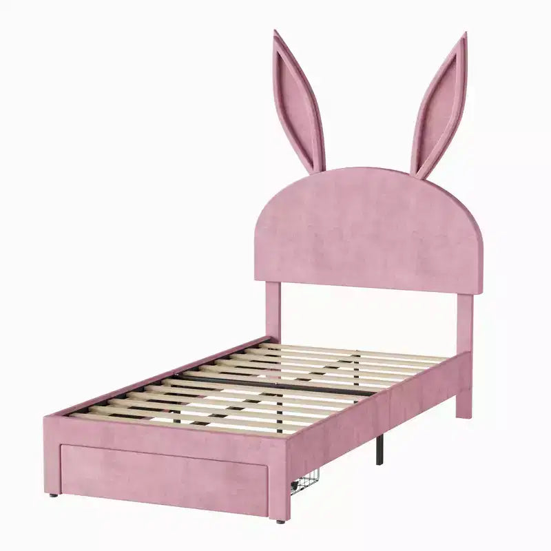 Struttura letto imbottita singola, letto per bambine con testiera a coniglio regolabile, letto a piattaforma da principessa con cassetto portaoggetti, rosa velluto