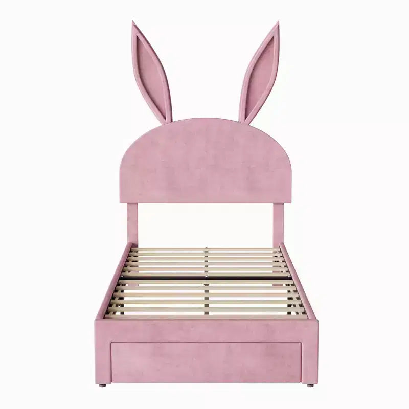 Struttura letto imbottita singola, letto per bambine con testiera a coniglio regolabile, letto a piattaforma da principessa con cassetto portaoggetti, rosa velluto