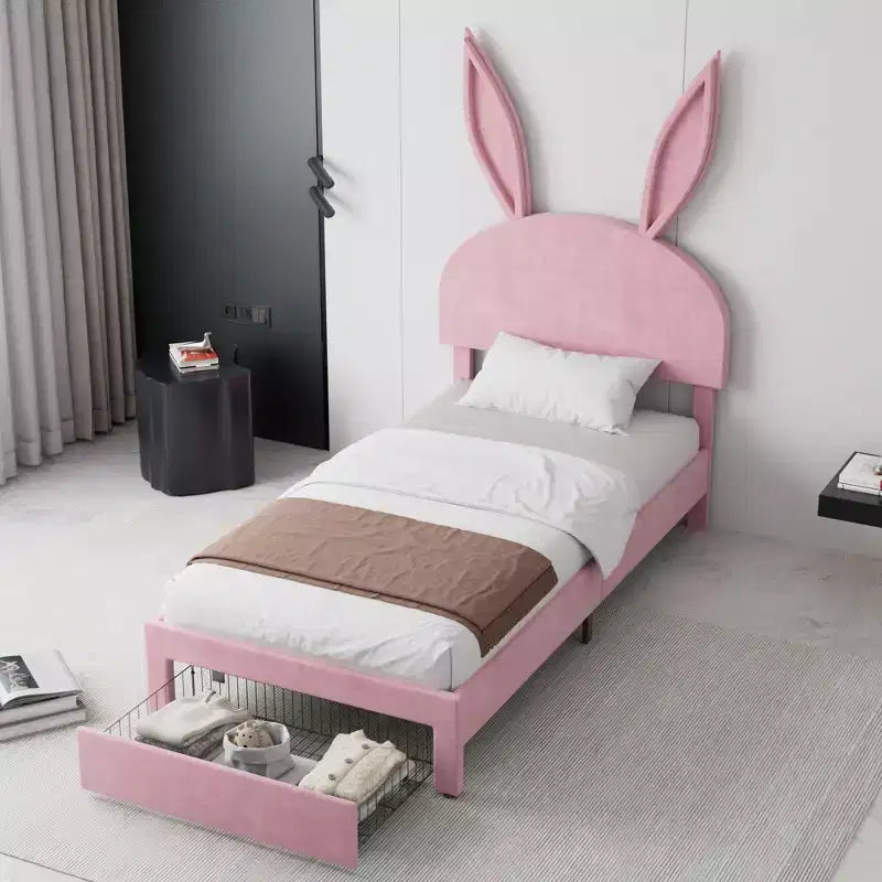 Struttura letto imbottita singola, letto per bambine con testiera a coniglio regolabile, letto a piattaforma da principessa con cassetto portaoggetti, rosa velluto