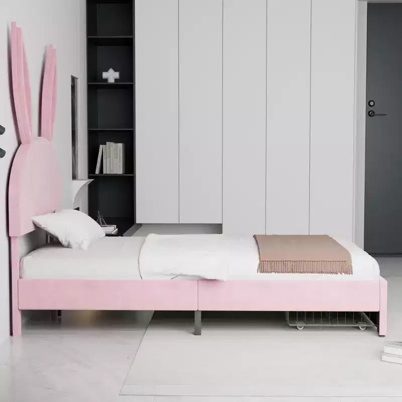 Struttura letto imbottita singola, letto per bambine con testiera a coniglio regolabile, letto a piattaforma da principessa con cassetto portaoggetti, rosa velluto