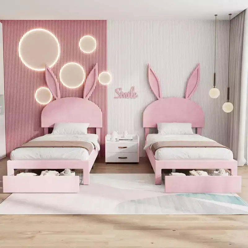 Struttura letto imbottita singola, letto per bambine con testiera a coniglio regolabile, letto a piattaforma da principessa con cassetto portaoggetti, rosa velluto