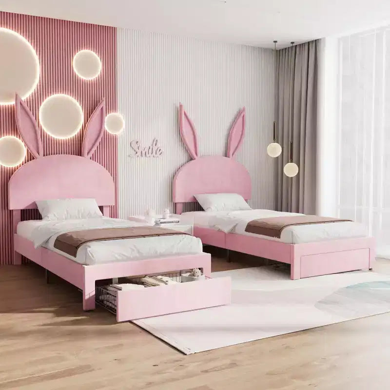 Struttura letto imbottita singola, letto per bambine con testiera a coniglio regolabile, letto a piattaforma da principessa con cassetto portaoggetti, rosa velluto