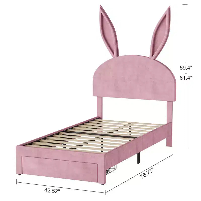 Struttura letto imbottita singola, letto per bambine con testiera a coniglio regolabile, letto a piattaforma da principessa con cassetto portaoggetti, rosa velluto