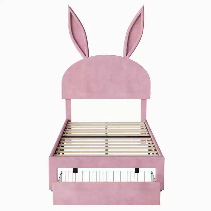 Struttura letto imbottita singola, letto per bambine con testiera a coniglio regolabile, letto a piattaforma da principessa con cassetto portaoggetti, rosa velluto