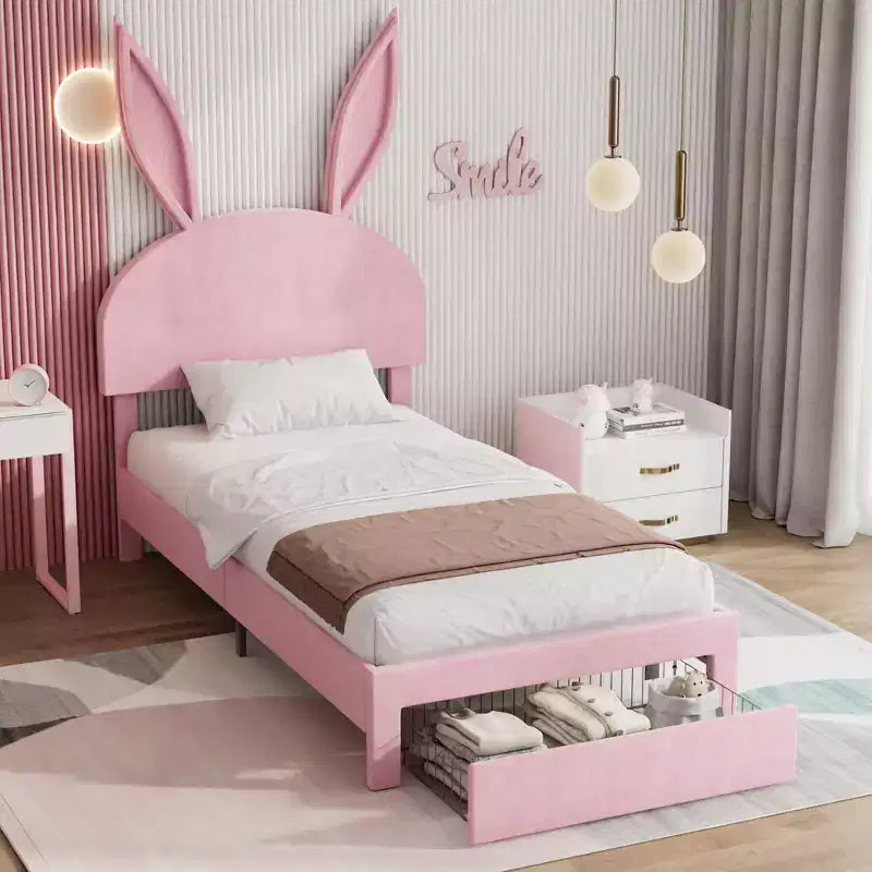 Struttura letto imbottita singola, letto per bambine con testiera a coniglio regolabile, letto a piattaforma da principessa con cassetto portaoggetti, rosa velluto
