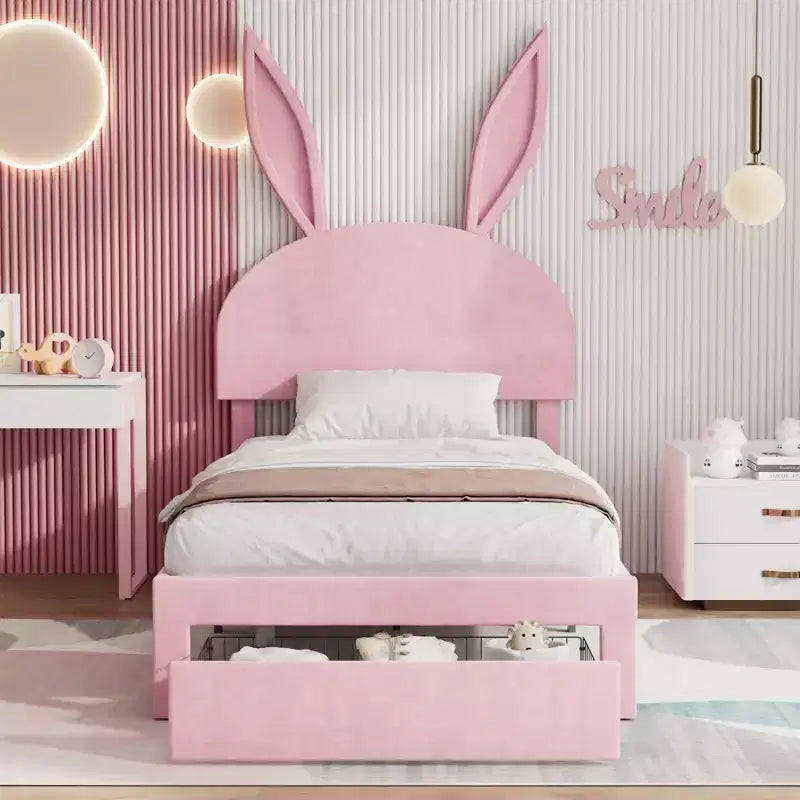 Struttura letto imbottita singola, letto per bambine con testiera a coniglio regolabile, letto a piattaforma da principessa con cassetto portaoggetti, rosa velluto