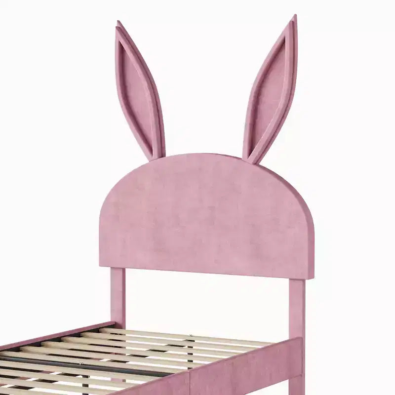 Struttura letto imbottita singola, letto per bambine con testiera a coniglio regolabile, letto a piattaforma da principessa con cassetto portaoggetti, rosa velluto