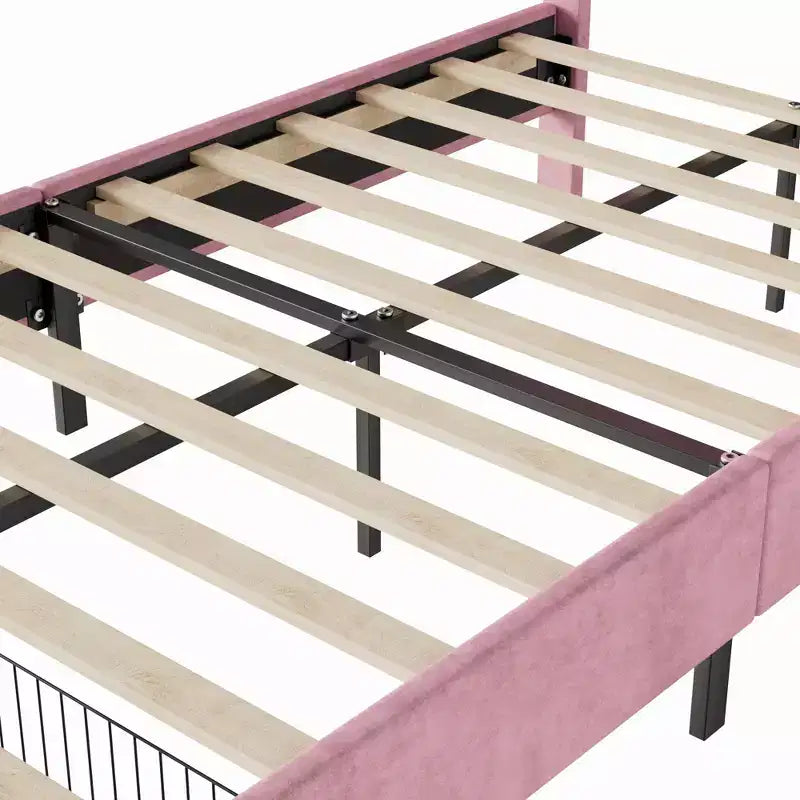 Struttura letto imbottita singola, letto per bambine con testiera a coniglio regolabile, letto a piattaforma da principessa con cassetto portaoggetti, rosa velluto