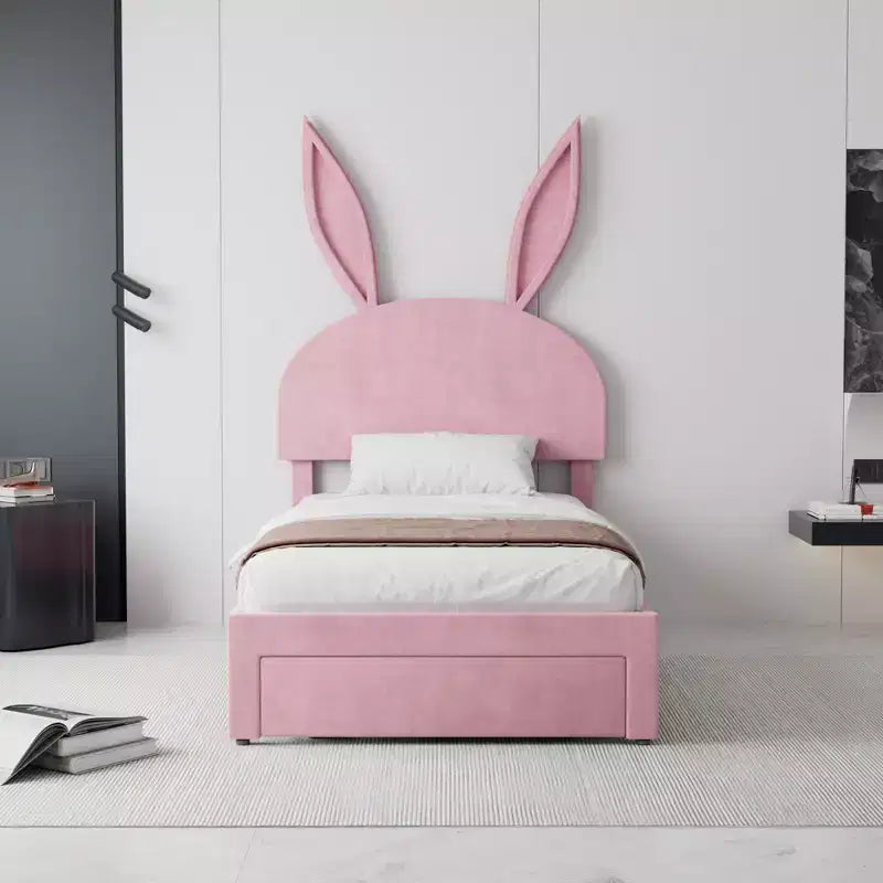Struttura letto imbottita singola, letto per bambine con testiera a coniglio regolabile, letto a piattaforma da principessa con cassetto portaoggetti, rosa velluto