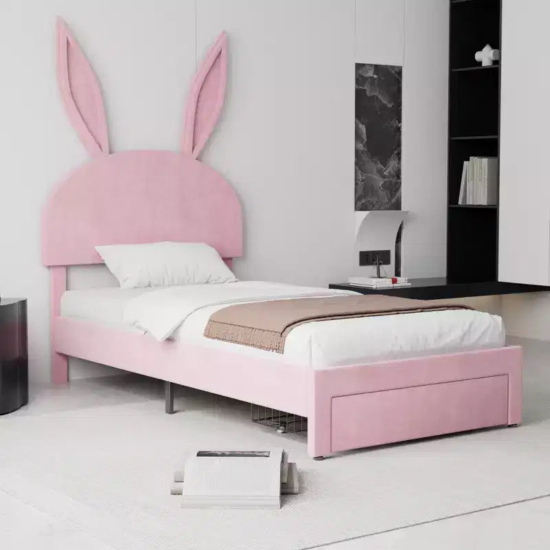 Struttura letto imbottita singola, letto per bambine con testiera a coniglio regolabile, letto a piattaforma da principessa con cassetto portaoggetti, rosa velluto