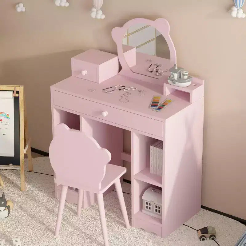 Set scrivania e sedia da trucco 2-in-1 Princess con contenitore - Toeletta per bambine per giochi di finzione - Rosa
