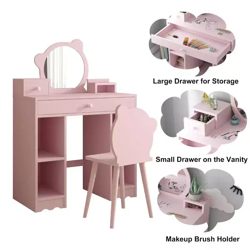 Set scrivania e sedia da trucco 2-in-1 Princess con contenitore - Toeletta per bambine per giochi di finzione - Rosa