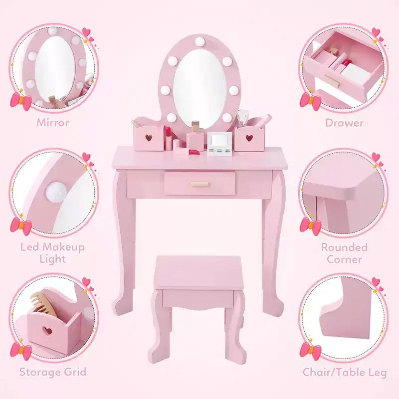Set da toeletta per bambini con specchio e cassetto - Gioco di finzione travestimento, luci e set per il trucco in legno per bambine 4-9 anni