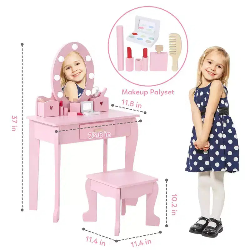 Set da toeletta per bambini con specchio e cassetto - Gioco di finzione travestimento, luci e set per il trucco in legno per bambine 4-9 anni
