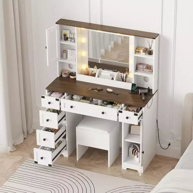 Set toeletta con ampio specchio illuminato a LED con 3 modalità, comò in legno per camera da letto con presa di corrente, cassetti, sgabello contenitore, rosa