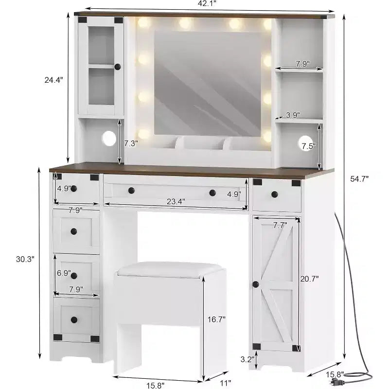 Set toeletta con ampio specchio illuminato a LED con 3 modalità, comò in legno per camera da letto con presa di corrente, cassetti, sgabello contenitore, rosa
