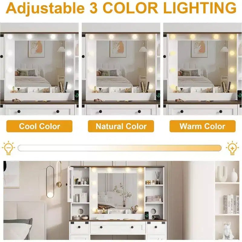 Set toeletta con ampio specchio illuminato a LED con 3 modalità, comò in legno per camera da letto con presa di corrente, cassetti, sgabello contenitore, rosa
