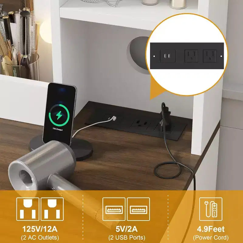 Set toeletta con ampio specchio illuminato a LED con 3 modalità, comò in legno per camera da letto con presa di corrente, cassetti, sgabello contenitore, rosa