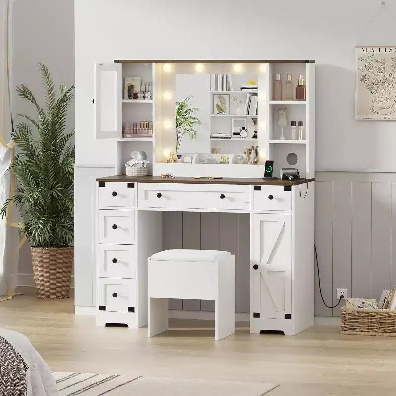 Set toeletta con ampio specchio illuminato a LED con 3 modalità, comò in legno per camera da letto con presa di corrente, cassetti, sgabello contenitore, rosa