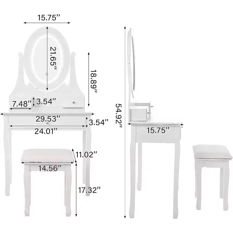 Set toeletta con ampio specchio illuminato a LED con 3 modalità, comò in legno per camera da letto con presa di corrente, cassetti, sgabello contenitore, rosa