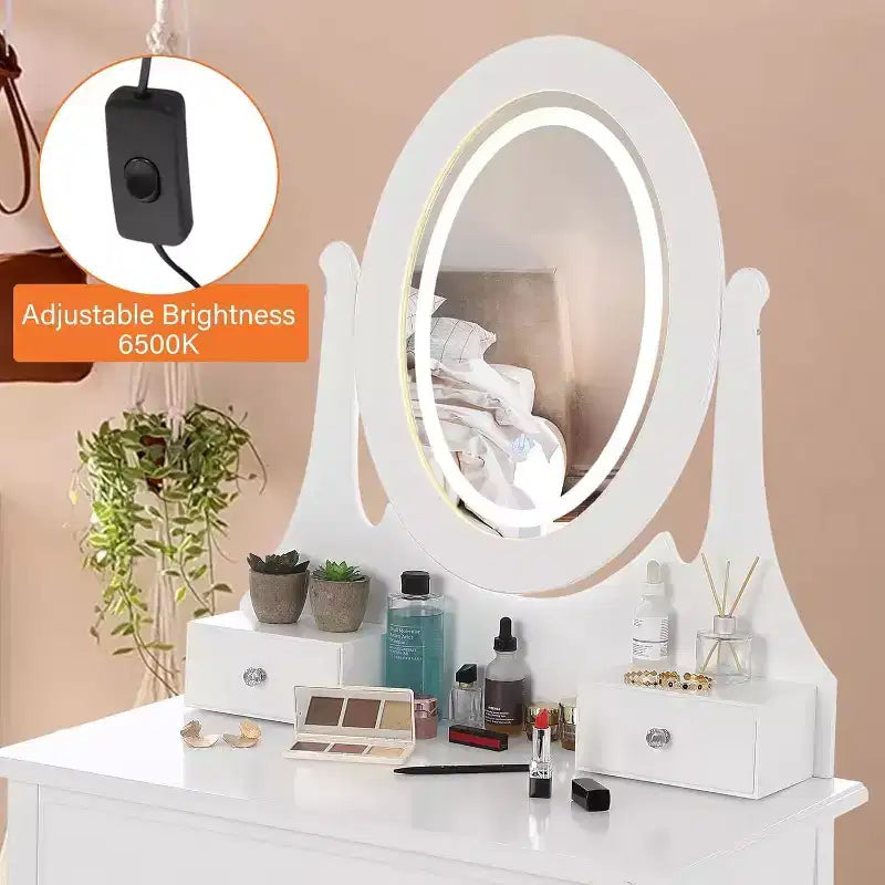Set toeletta con ampio specchio illuminato a LED con 3 modalità, comò in legno per camera da letto con presa di corrente, cassetti, sgabello contenitore, rosa