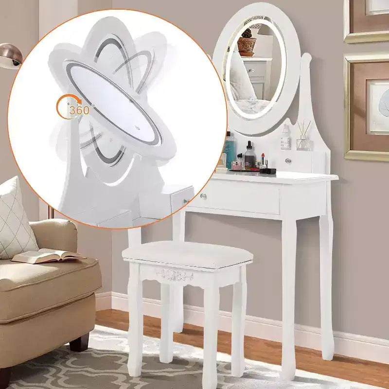 Set toeletta con ampio specchio illuminato a LED con 3 modalità, comò in legno per camera da letto con presa di corrente, cassetti, sgabello contenitore, rosa