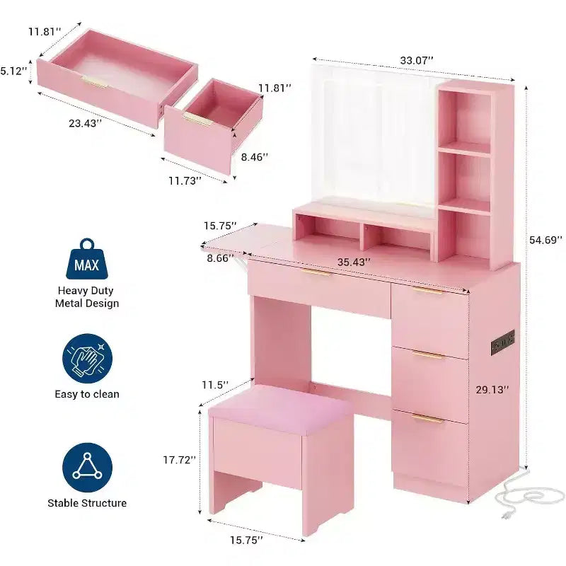 Set toeletta con ampio specchio illuminato a LED con 3 modalità, comò in legno per camera da letto con presa di corrente, cassetti, sgabello contenitore, rosa