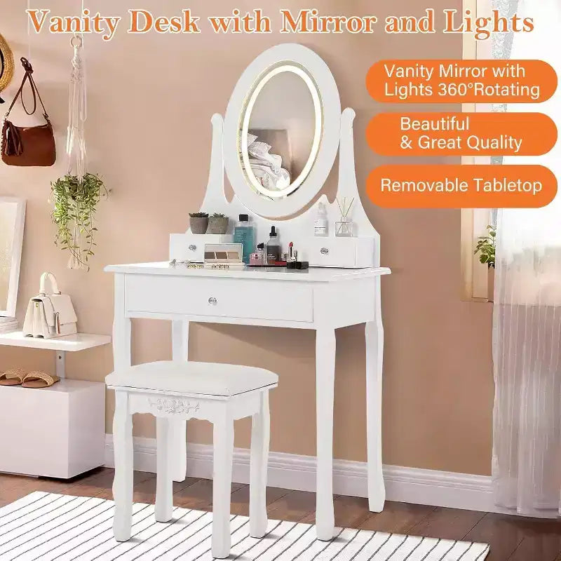 Set toeletta con ampio specchio illuminato a LED con 3 modalità, comò in legno per camera da letto con presa di corrente, cassetti, sgabello contenitore, rosa