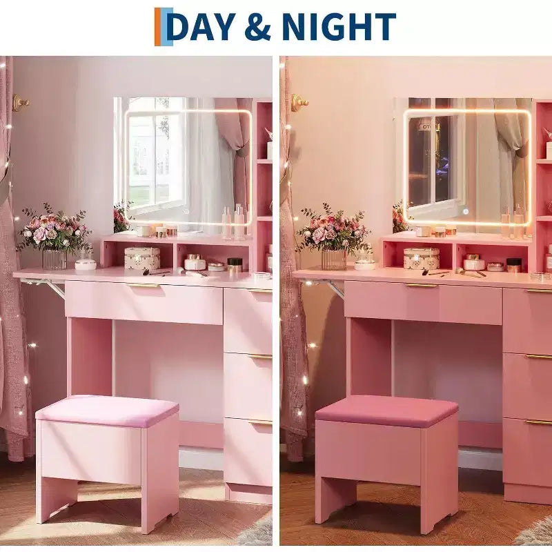 Set toeletta con ampio specchio illuminato a LED con 3 modalità, comò in legno per camera da letto con presa di corrente, cassetti, sgabello contenitore, rosa