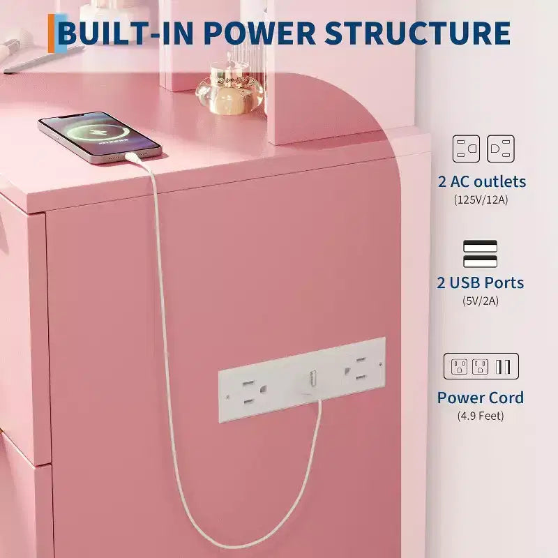 Set toeletta con ampio specchio illuminato a LED con 3 modalità, comò in legno per camera da letto con presa di corrente, cassetti, sgabello contenitore, rosa