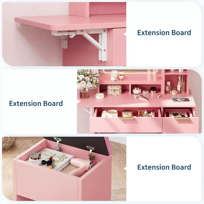Set toeletta con ampio specchio illuminato a LED con 3 modalità, comò in legno per camera da letto con presa di corrente, cassetti, sgabello contenitore, rosa