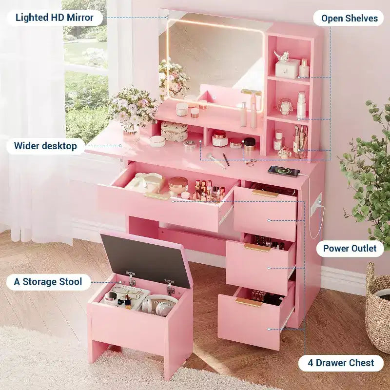 Set toeletta con ampio specchio illuminato a LED con 3 modalità, comò in legno per camera da letto con presa di corrente, cassetti, sgabello contenitore, rosa