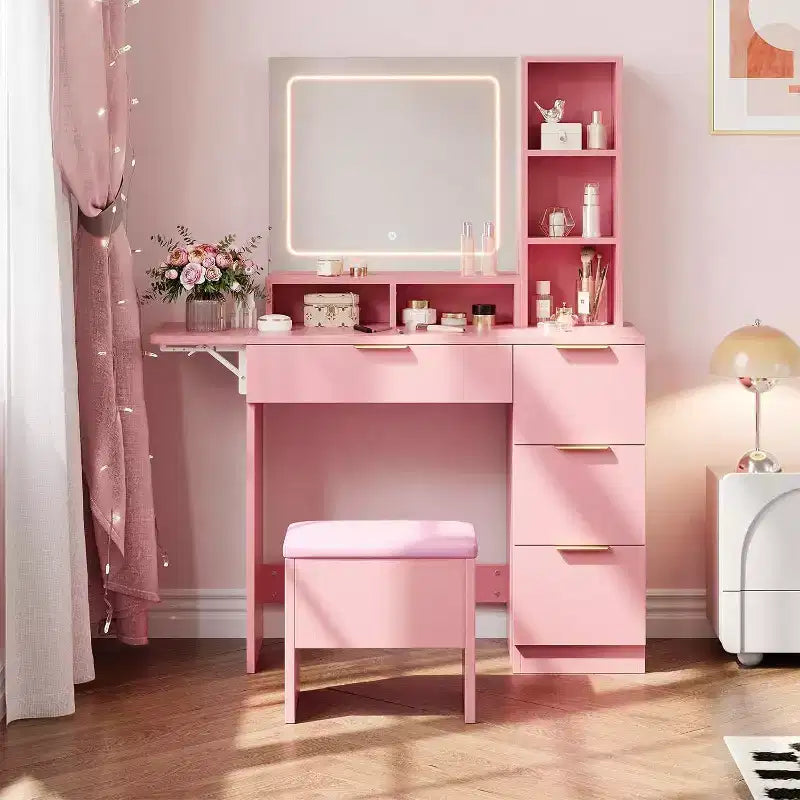 Set toeletta con ampio specchio illuminato a LED con 3 modalità, comò in legno per camera da letto con presa di corrente, cassetti, sgabello contenitore, rosa
