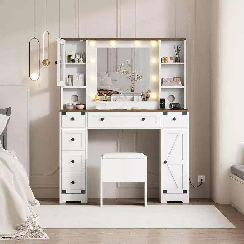 Set toeletta con ampio specchio illuminato a LED con 3 modalità, comò in legno per camera da letto con presa di corrente, cassetti, sgabello contenitore, rosa