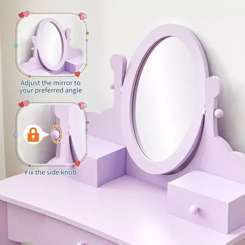 Set toeletta per bambine con specchio, tavolo da trucco e sgabello per bambini, set da gioco in legno per travestimento 4-9 anni, viola