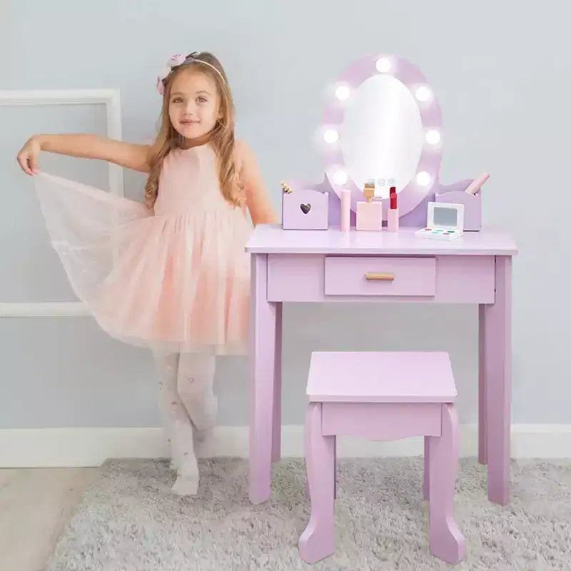 Set toeletta per bambine con specchio, tavolo da trucco e sgabello per bambini, set da gioco in legno per travestimento 4-9 anni, viola