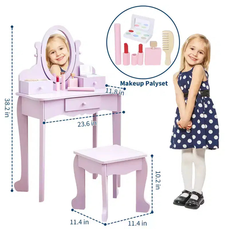 Set toeletta per bambine con specchio, tavolo da trucco e sgabello per bambini, set da gioco in legno per travestimento 4-9 anni, viola