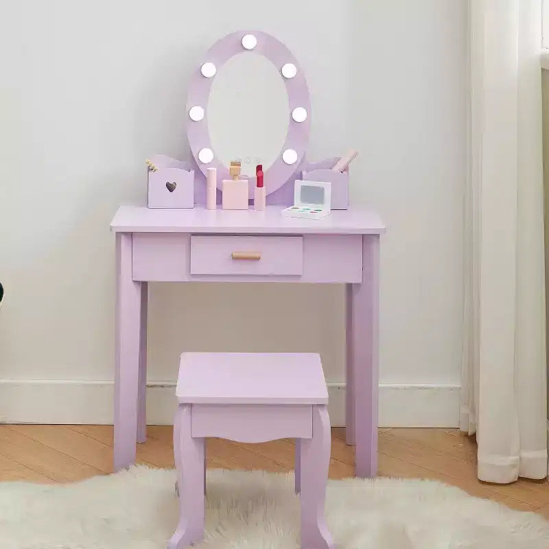 Set toeletta per bambine con specchio, tavolo da trucco e sgabello per bambini, set da gioco in legno per travestimento 4-9 anni, viola