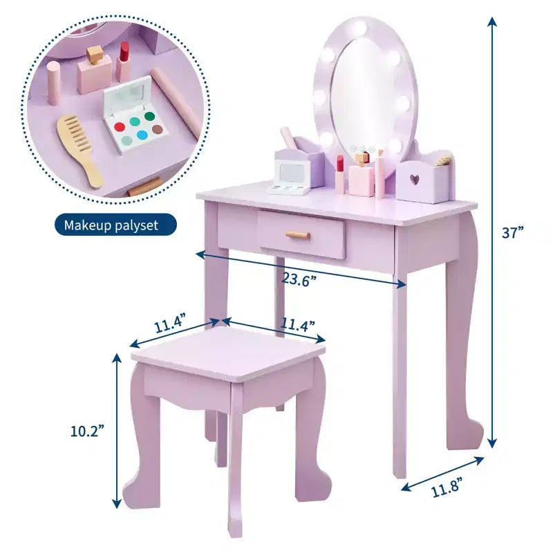 Set toeletta per bambine con specchio, tavolo da trucco e sgabello per bambini, set da gioco in legno per travestimento 4-9 anni, viola